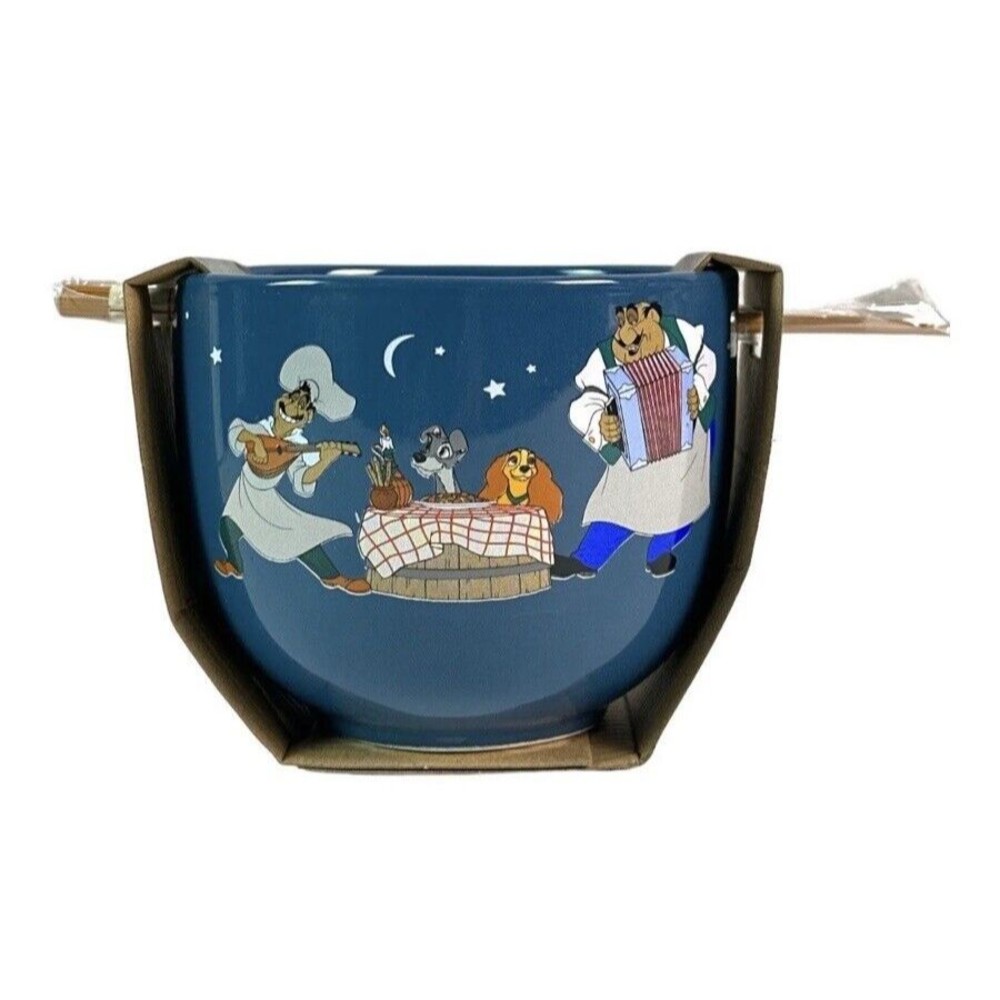 Disney Lady and the Tramp Ceramic Blue Ramen Bowl with Chopsticks 20 OZ - Picture 1 of 9
